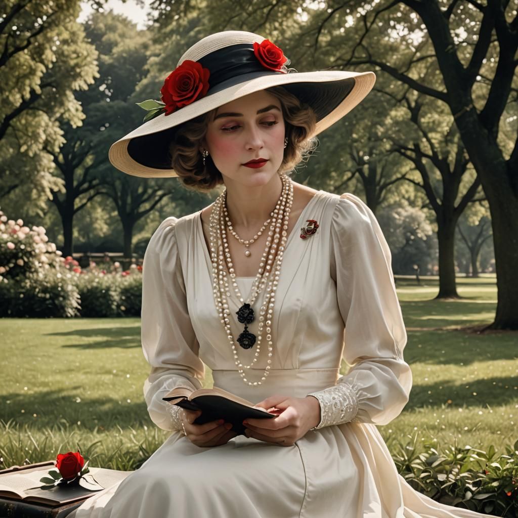 Elegant Aristocrat in 1920s Park with Rose