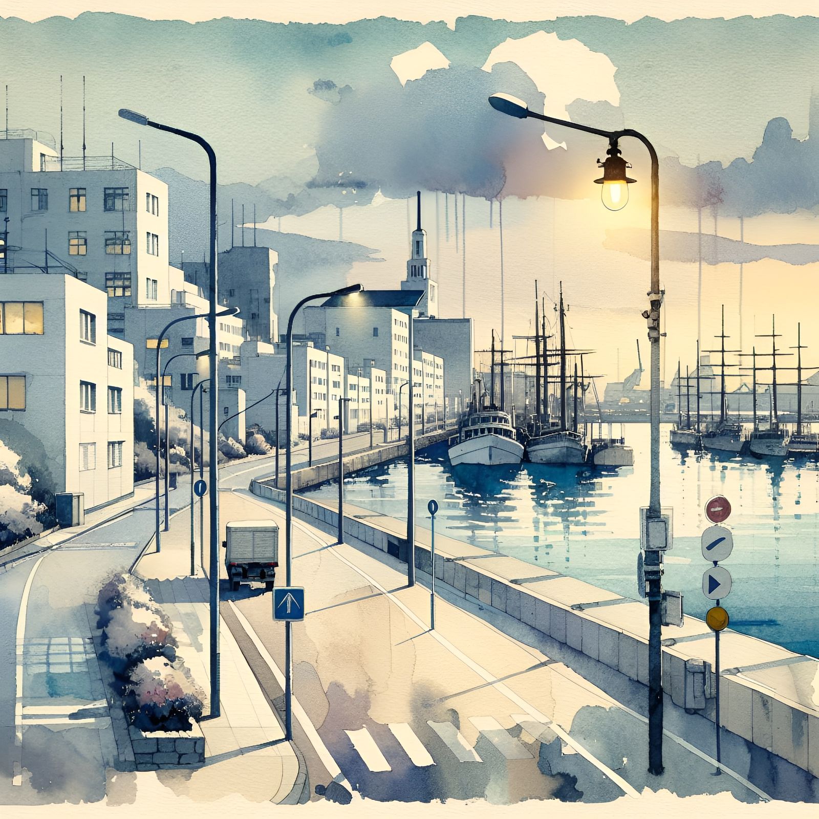 Harbor View in Japanese Modernist Watercolor