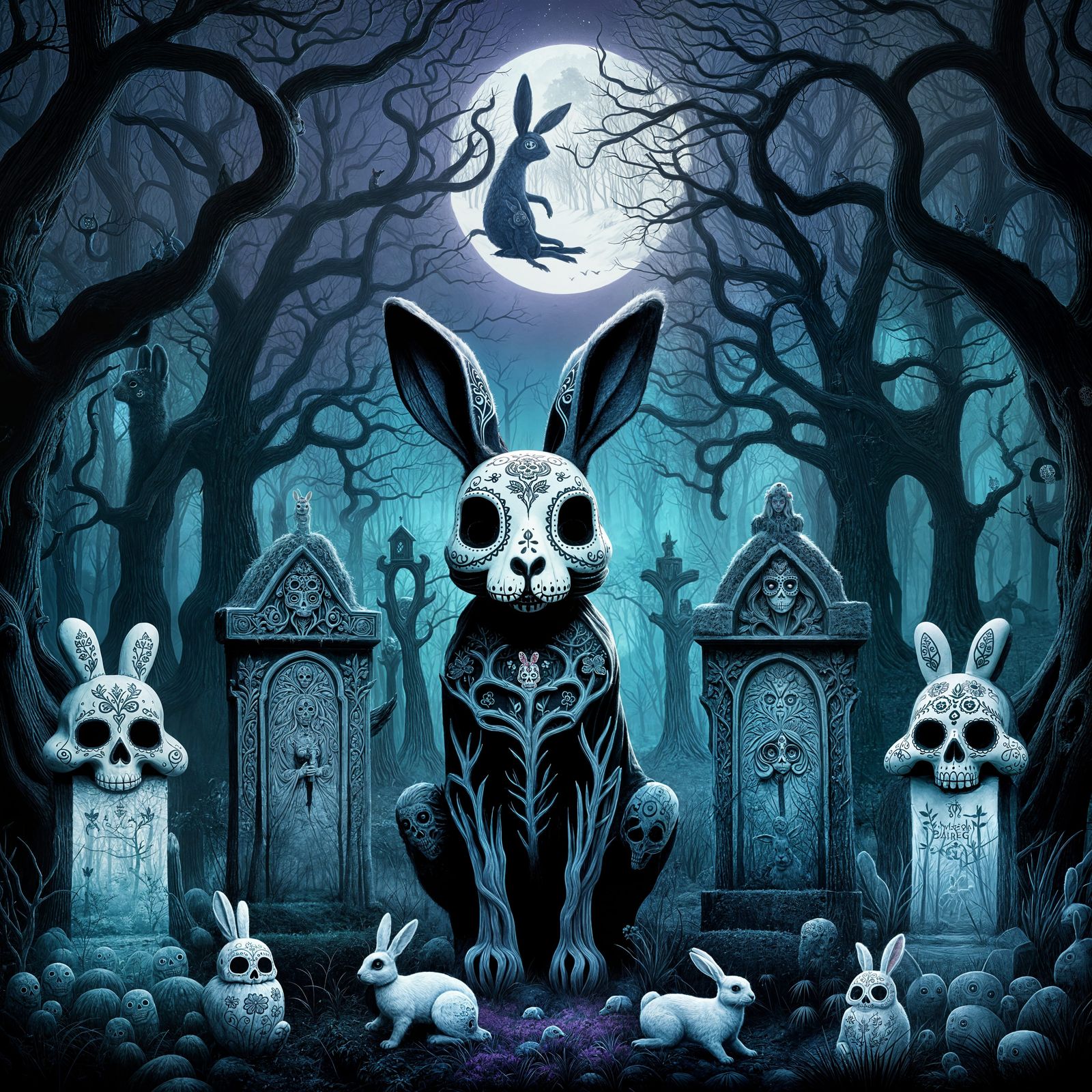 Gothic Sugar Skull Rabbits in Forest Scene
