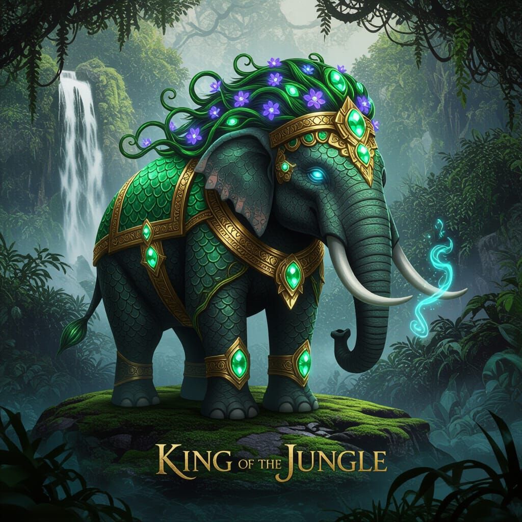 Emerald Armored Elephant King in Jungle Illustration