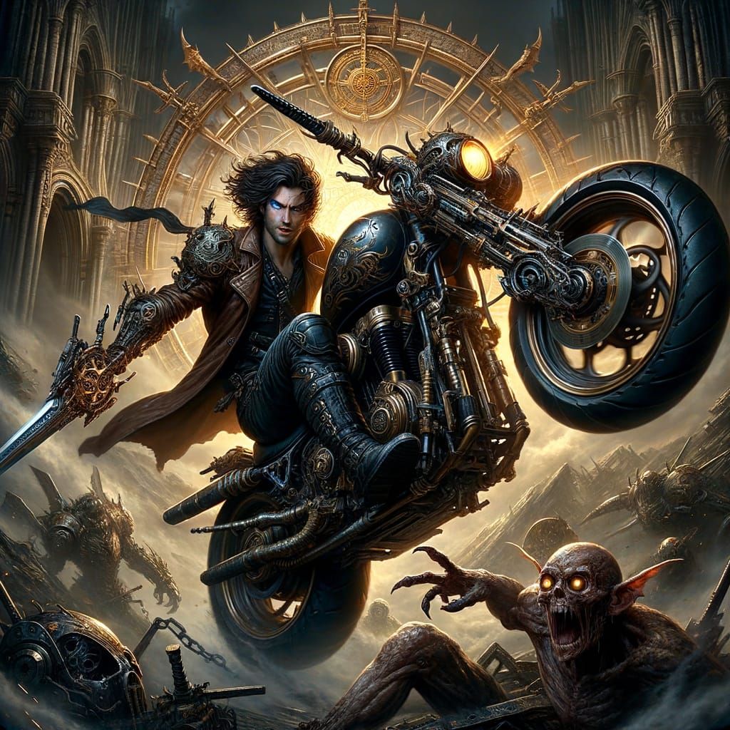 Dark Epic Fantasy Hero Rides Bio-Mechanical Motorcycle