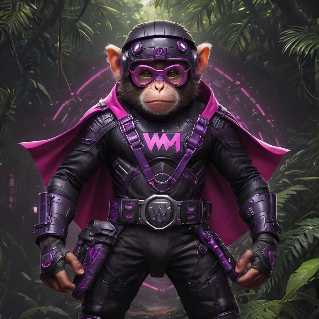 Cyberpunk Monkey Superhero in Jungle Hideout