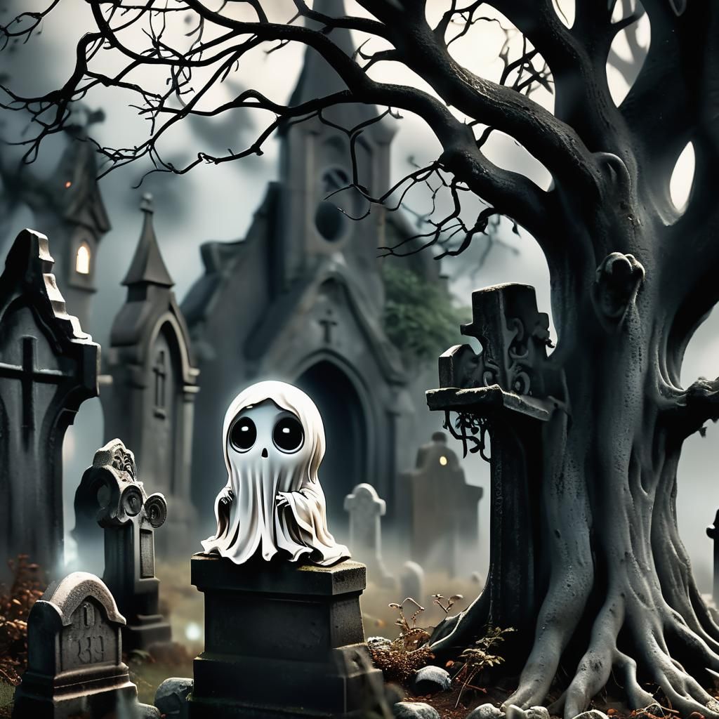 Adorable Ghost in Cemetery, 3D Rendered