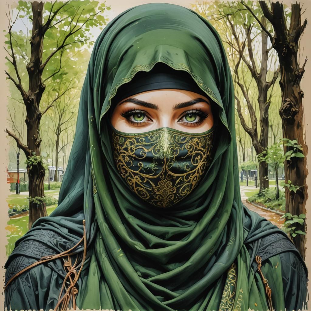 Portrait of Woman in Niqab, Oil-Guache Drawing