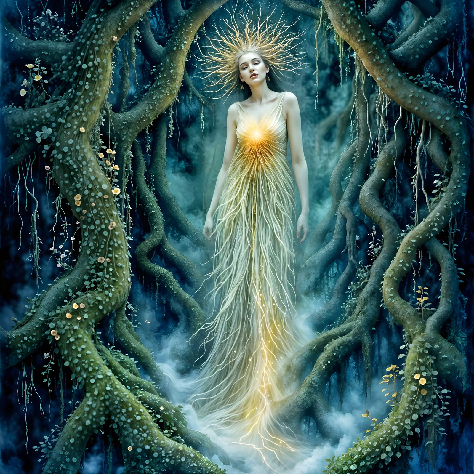 Spectral Spirit Woman Emerges from Ancient Forest at Twiligh...