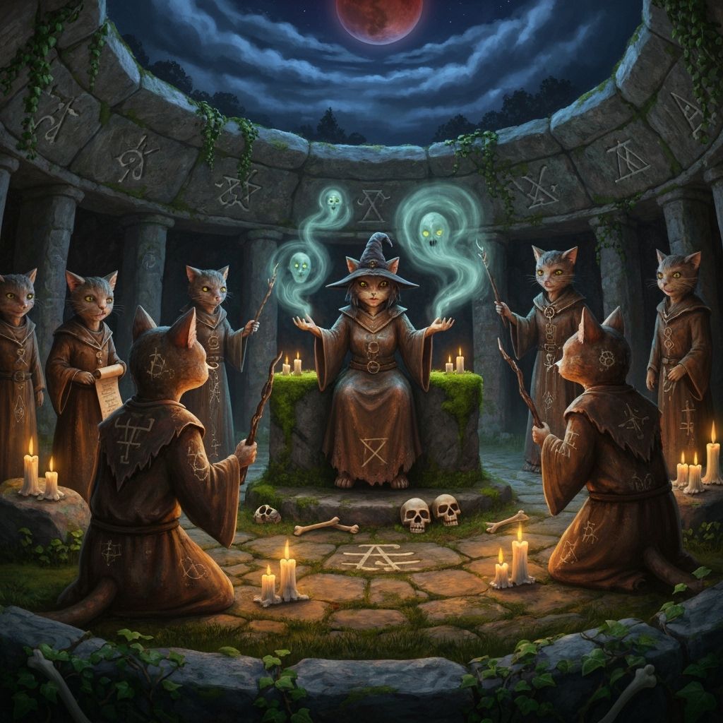 Anthropomorphic Cats' Séance in Moonlit Stone Circle
