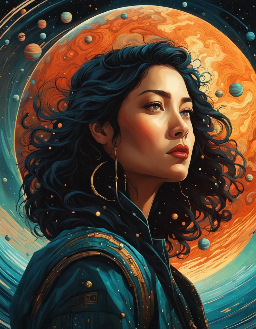 Girl Before Planets: Digital Romanticism Portrait