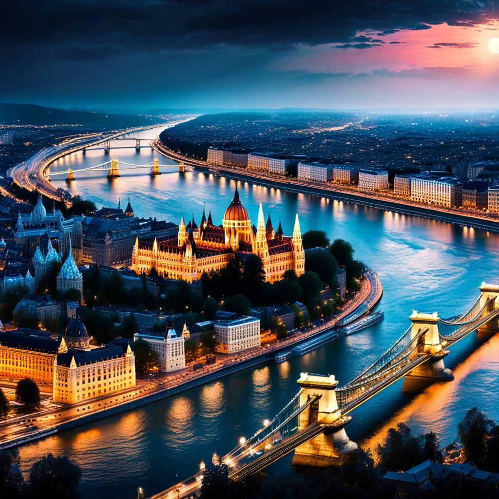 Budapest Night Panorama in Detailed Digital Painting