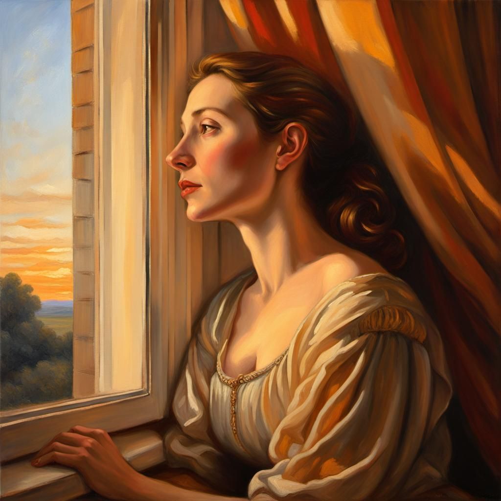 Renaissance Woman Gazing out Window at Sunset