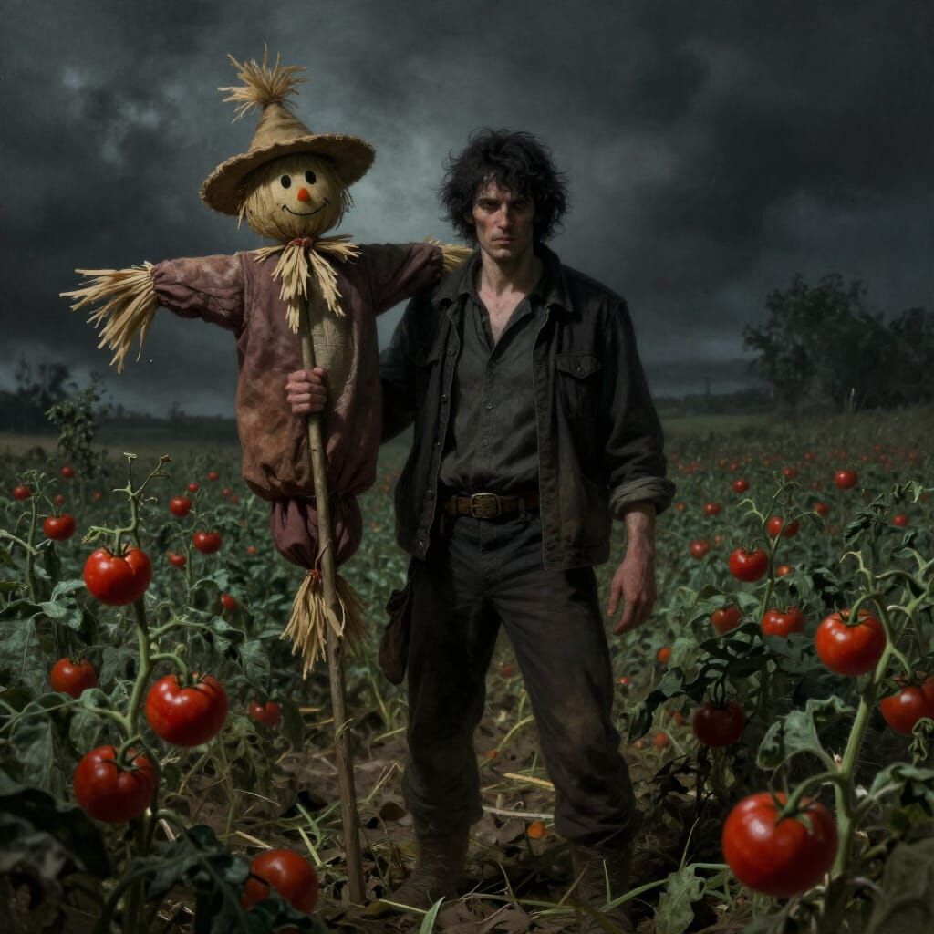 Dark Fantasy Man with Scarecrow Spear in Tomato Field