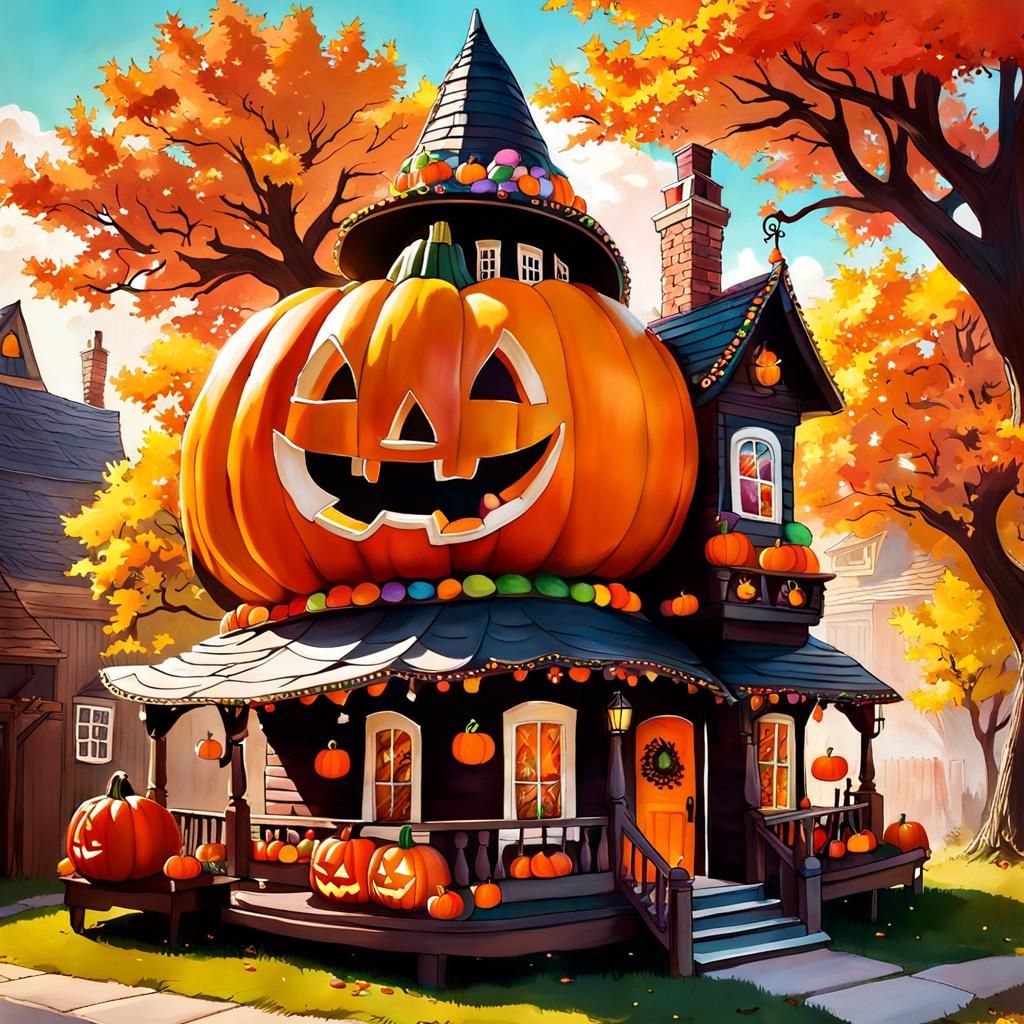 Whimsical Candy Pumpkin House in Wonderland
