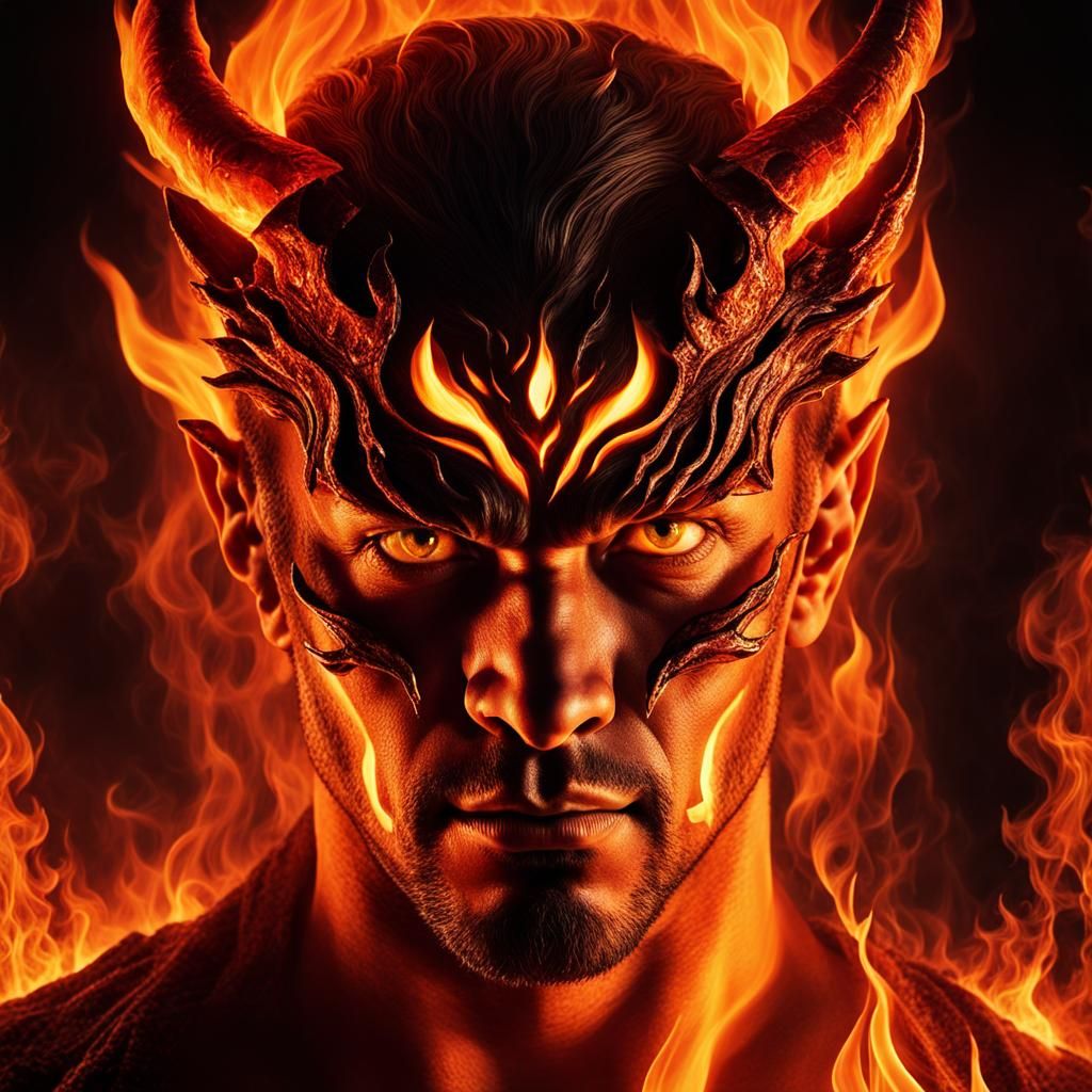 Demonic Portrait in Flames: Hyperrealistic Detailed Art