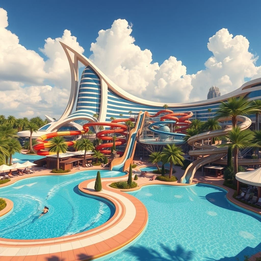 Futuristic Dubai Water Park Oasis in Digital Art Style