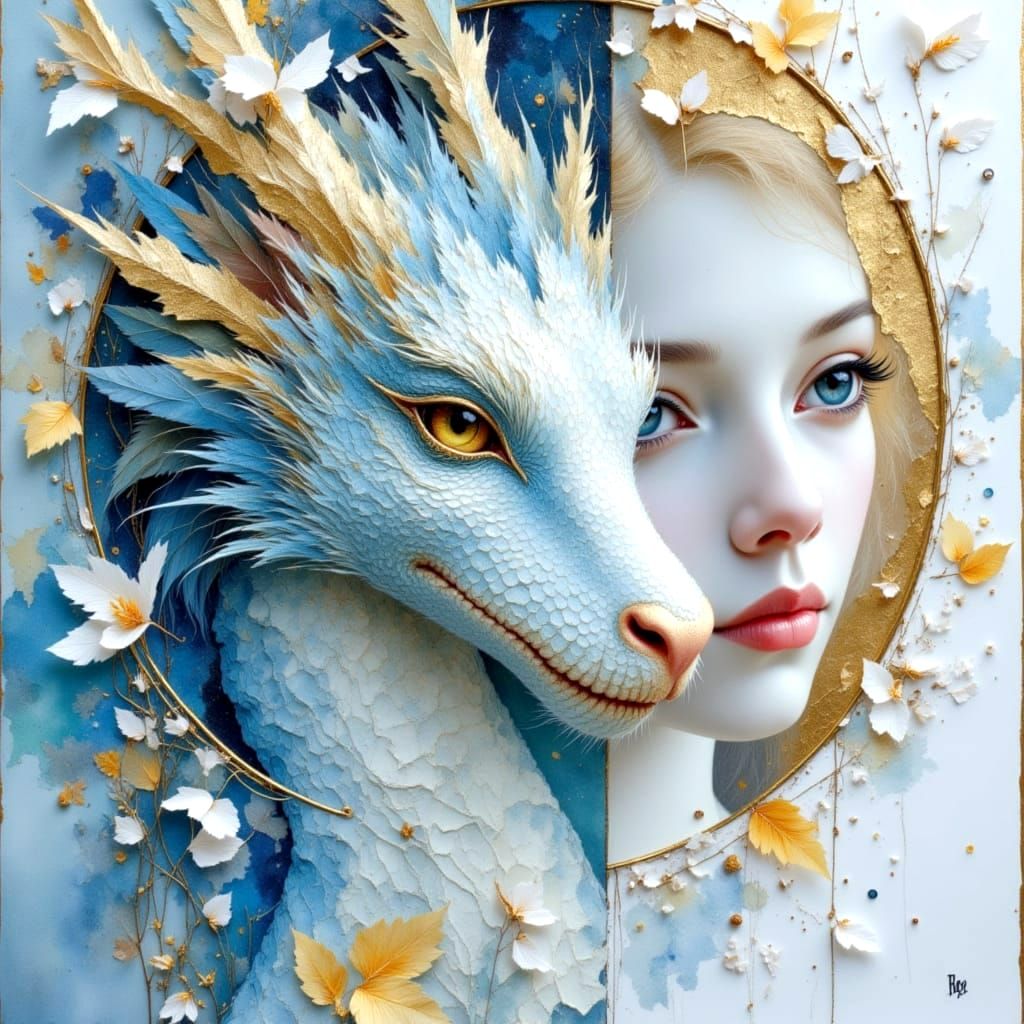 Gentle Silver and Aqua Dragon Portrait in Mixed Media