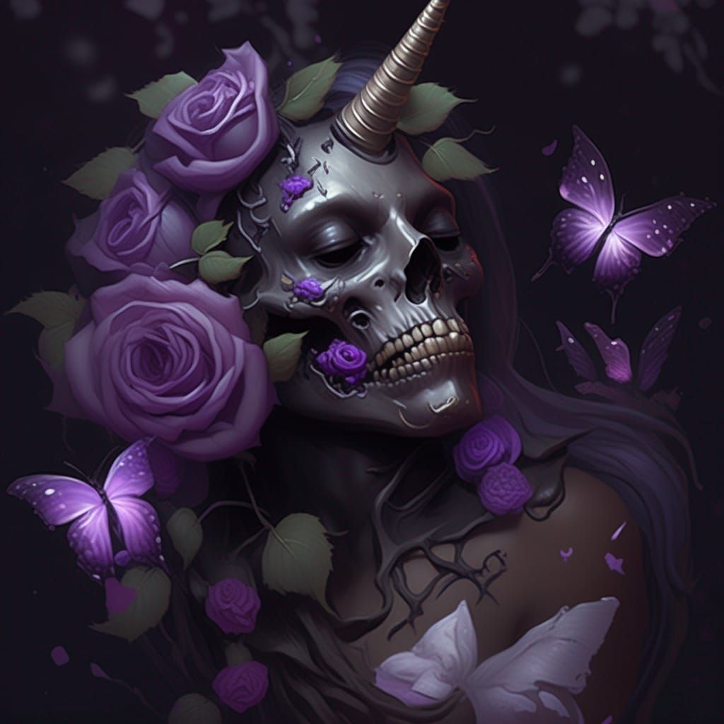 Gothic Zombie Unicorn with Purple Roses, Detailed Art