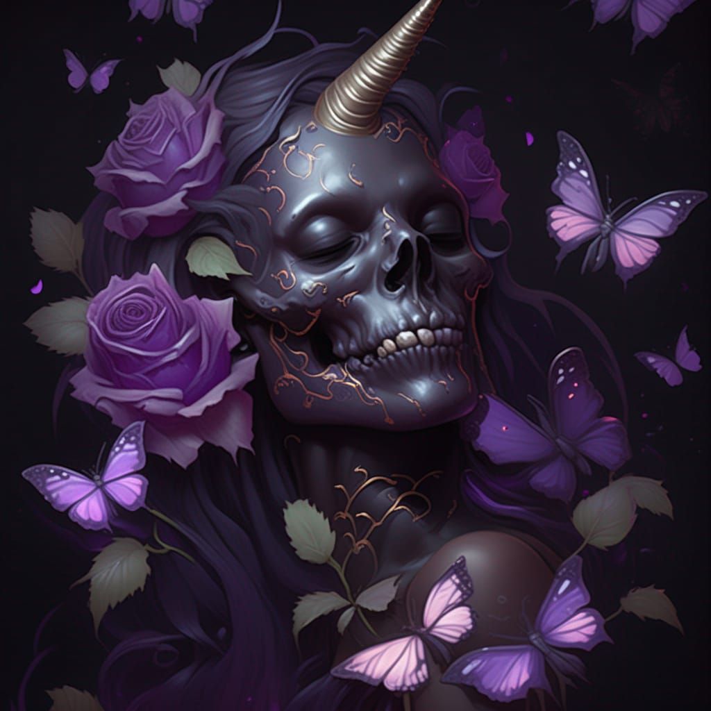 Zombie Unicorn with Purple Roses, Hyperdetailed Digital Art