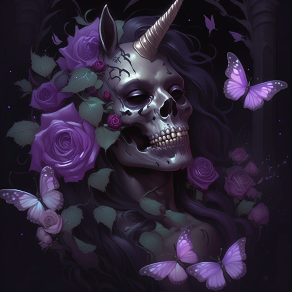 Zombie Unicorn with Purple Roses, Detailed Art