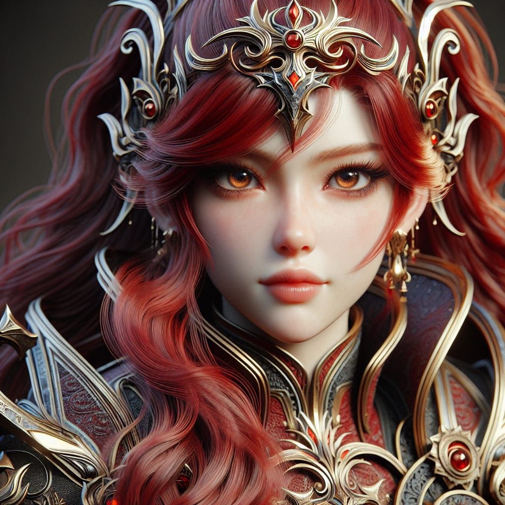 Red-Haired Female Warrior in Gleaming Armor