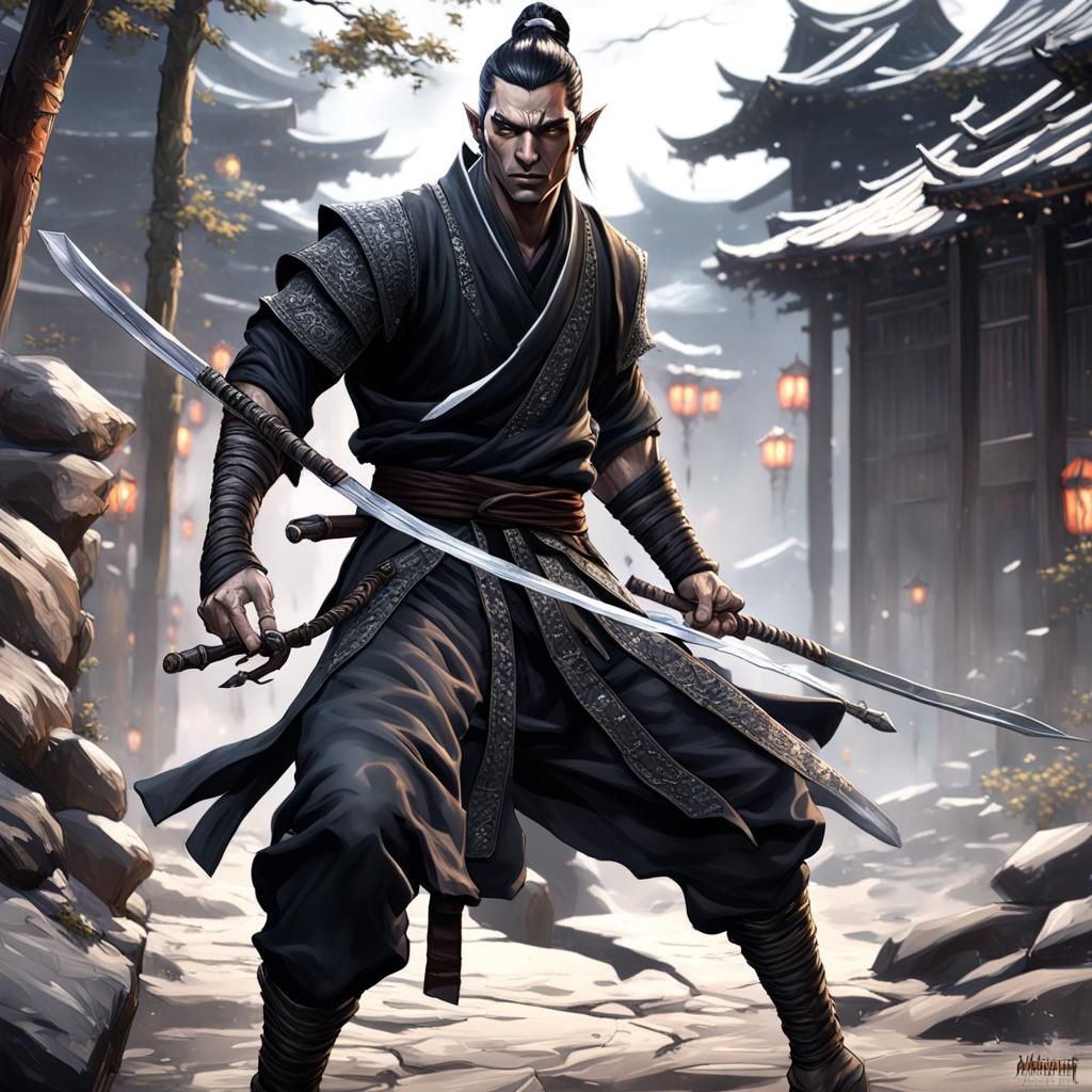 Detailed Shadar Kai Elf Monk in Dark Fantasy Style