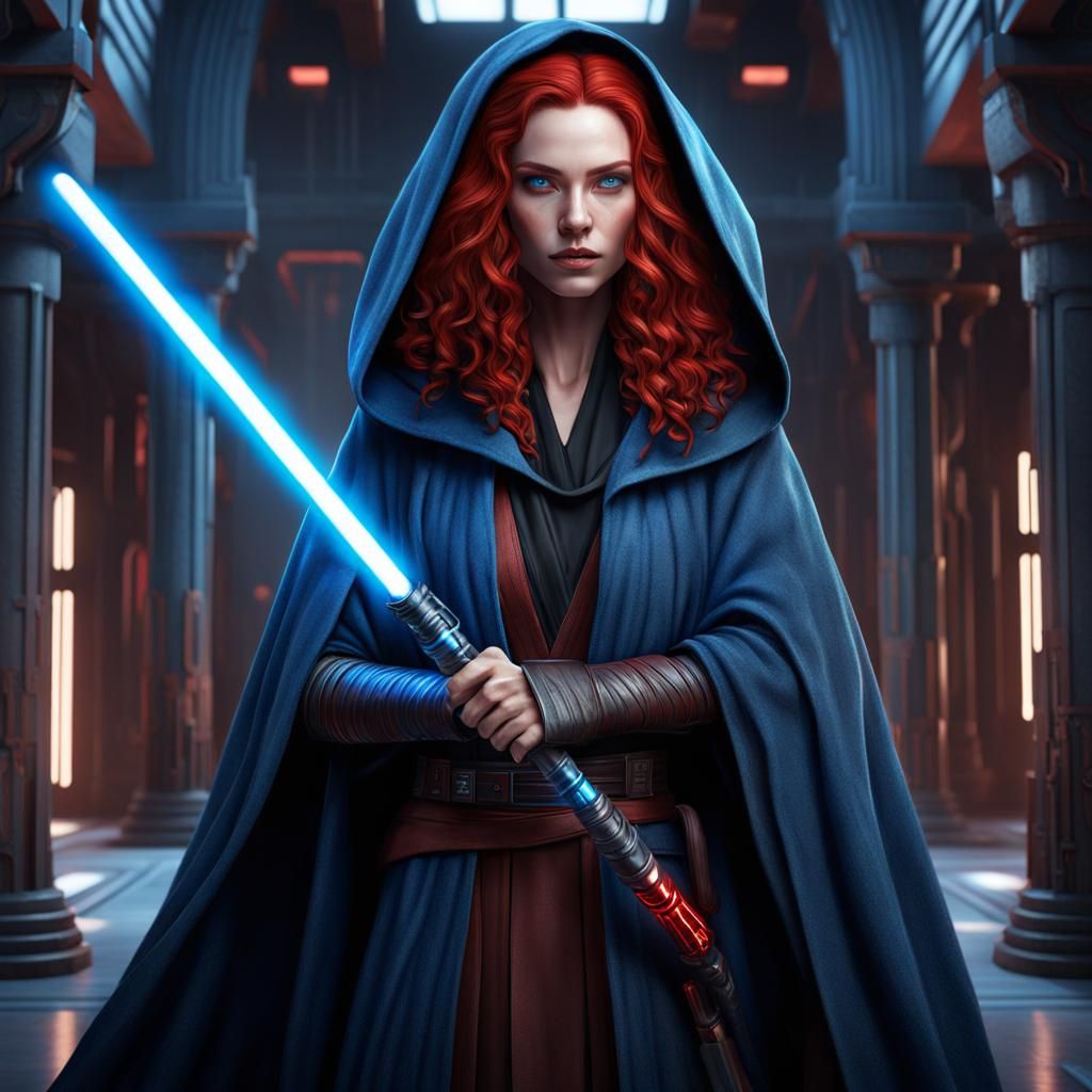 Female Jedi with Blue Lightsaber, Digital Matte Painting