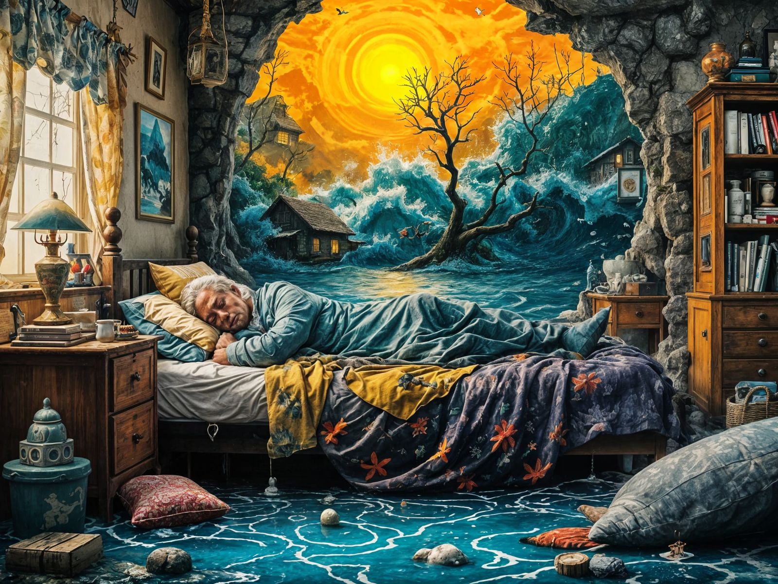 Surreal Village Scene: Old Postman's Dream Amidst Tsunami