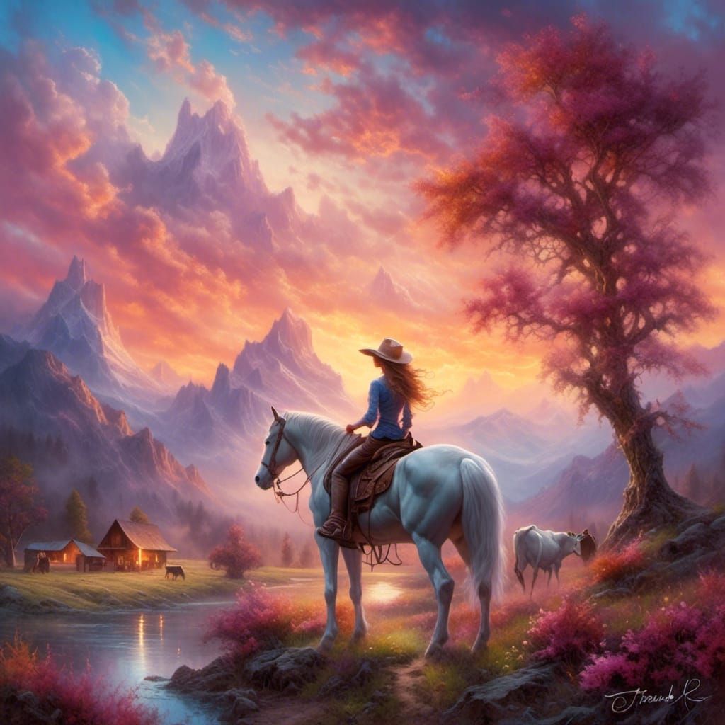Luminescent Cowgirl on Horseback at Sunset