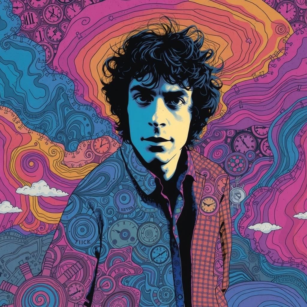 Syd barrett in a psychedelic world , cartoon illustration st...