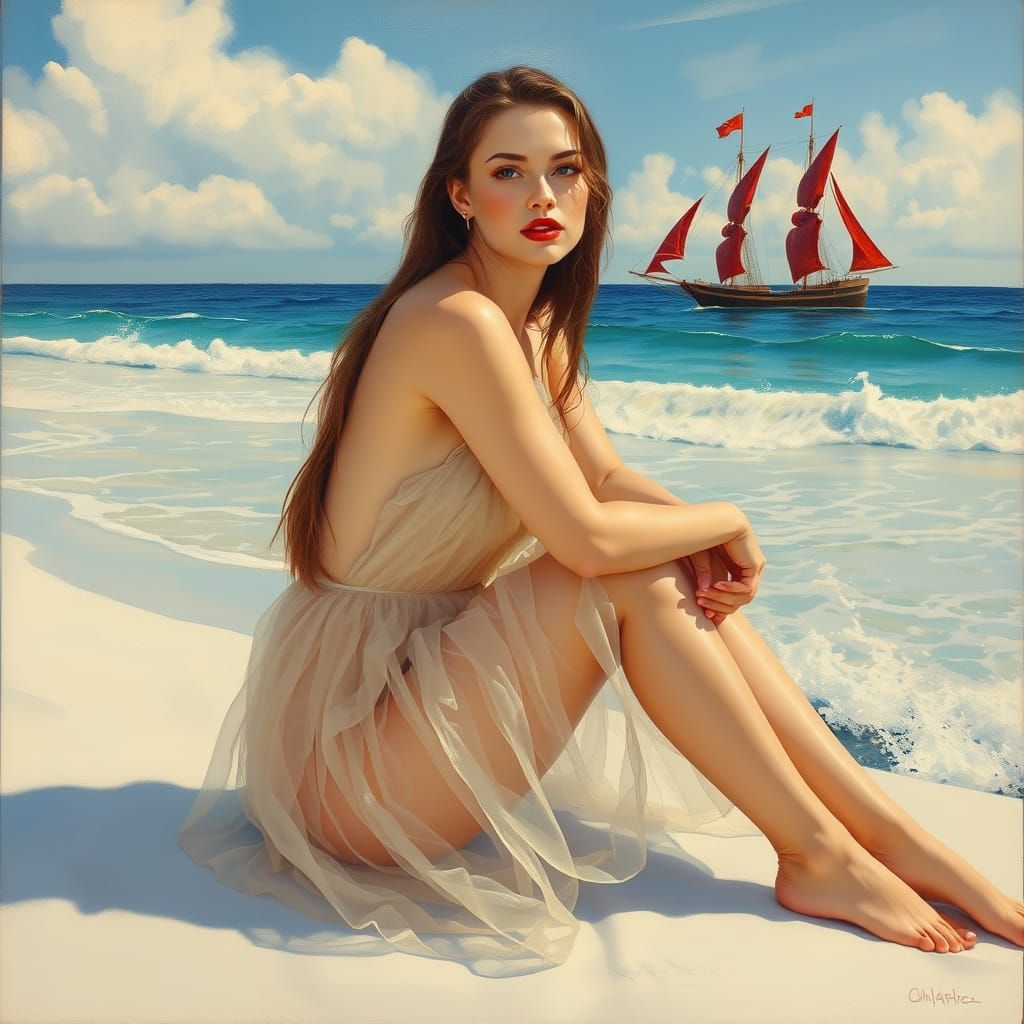 Retro Oil Painting of an Albino Beauty in a Seaside Pose