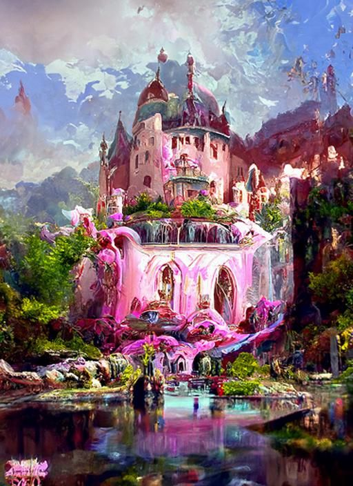 Ethereal Pink Castle with Cave Pool Moat
