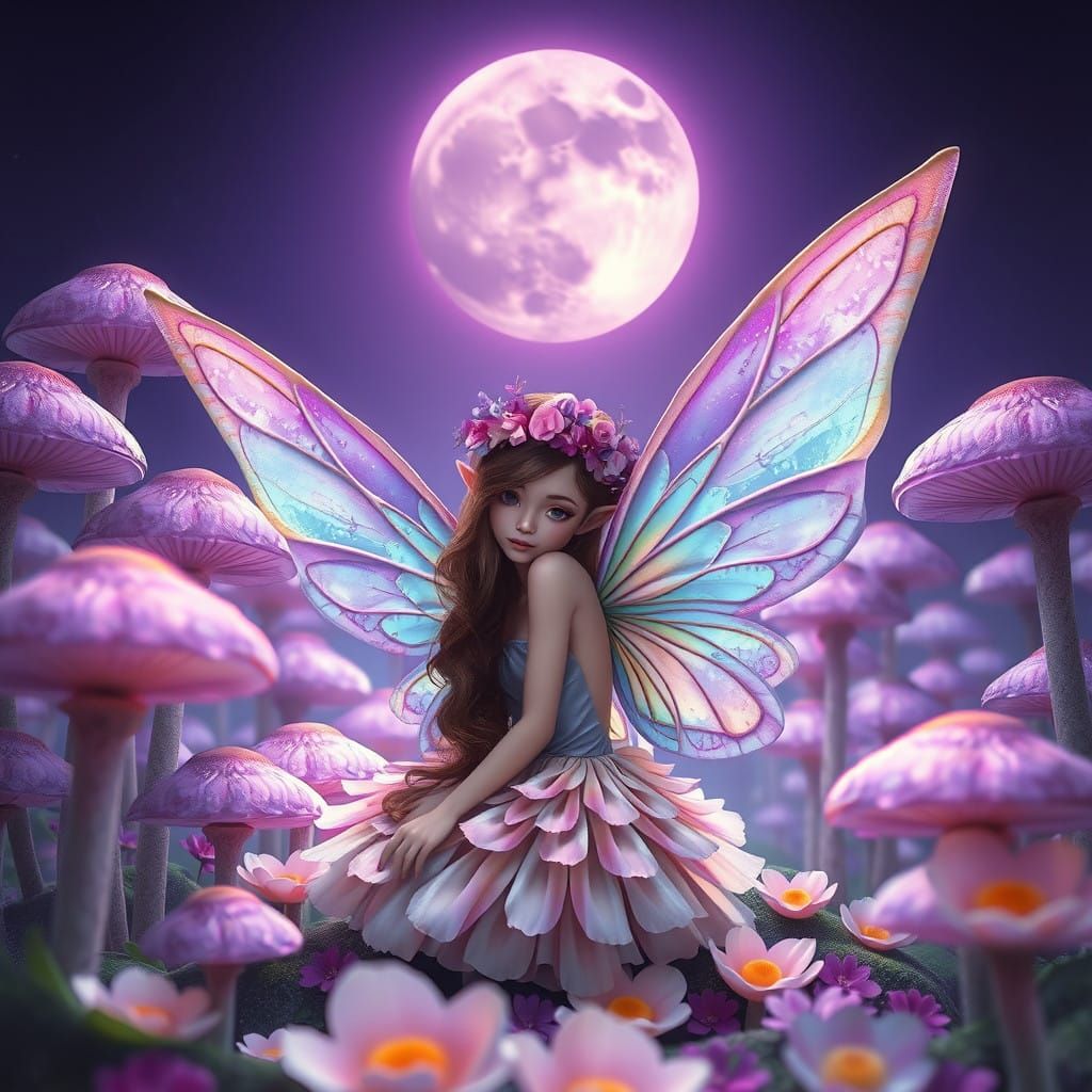 Enchanted Fairy Amidst Glowing Mushrooms in Lunar Light