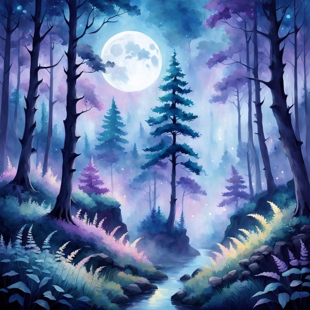 Ethereal Nighttime Forest Under Pale Moonlight