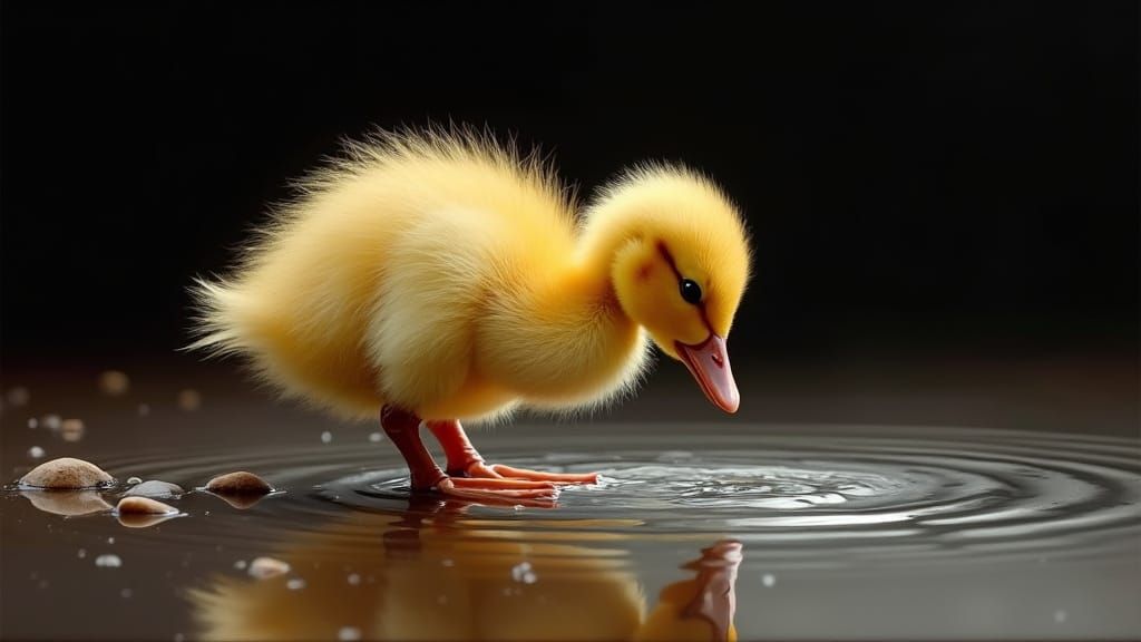 Newborn Duckling Sees Reflection in Water Oil Painting