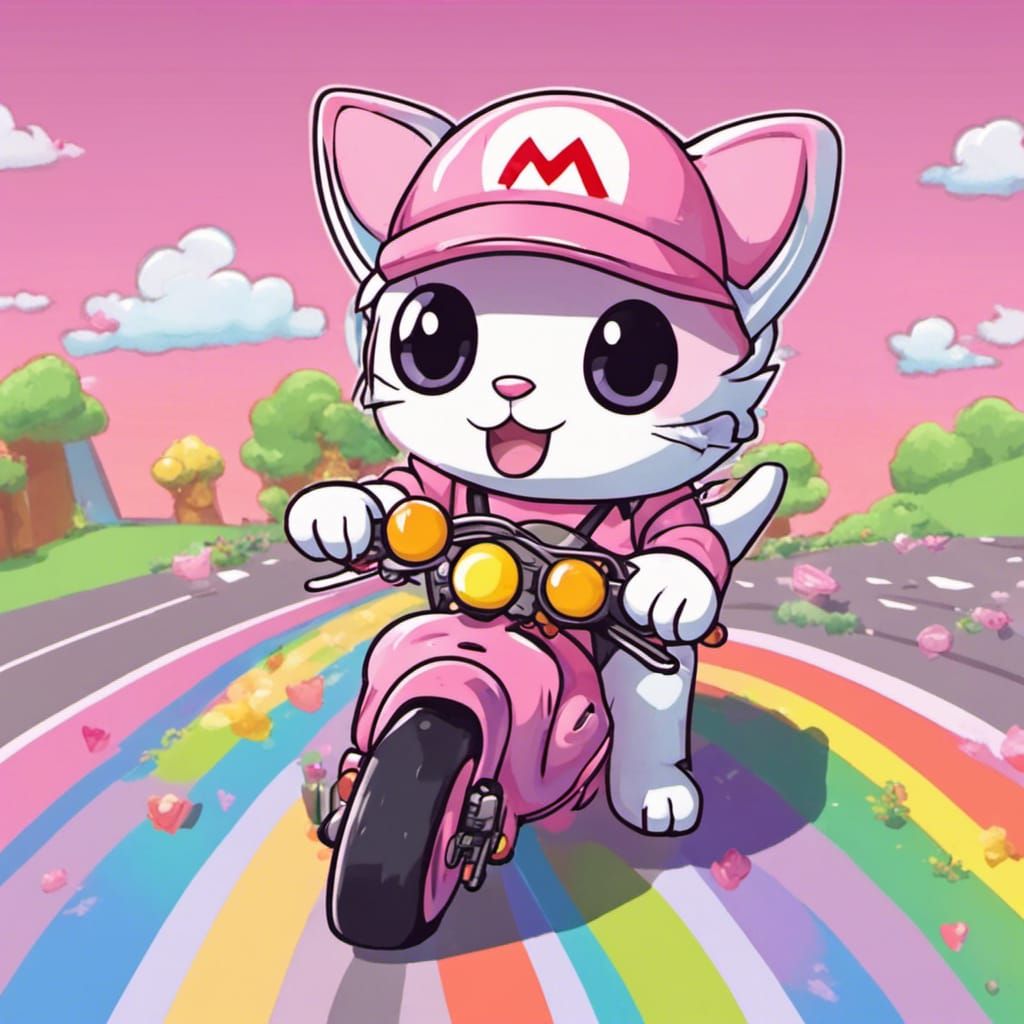 Kawaii Cat on Rainbow Road in Pink Motorcycle