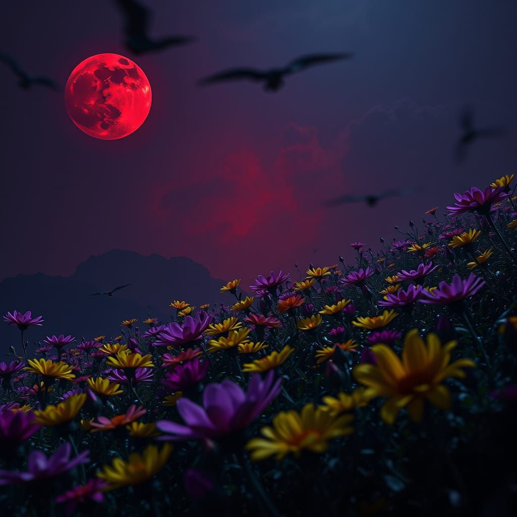 Eerie Blood Moon Over Fantasy Flower Field