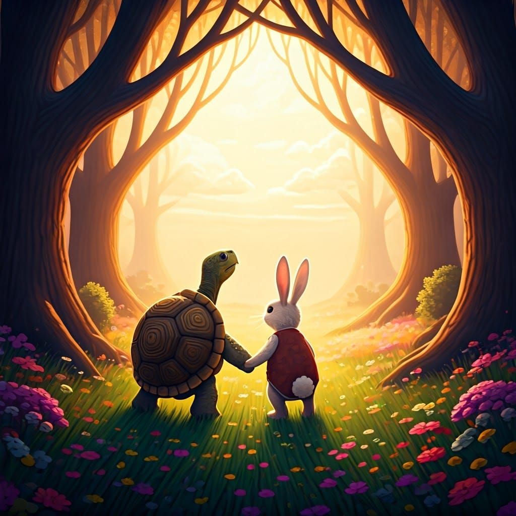 Whimsical Turtle and Rabbit Stroll Through a Vibrant Meadow ...
