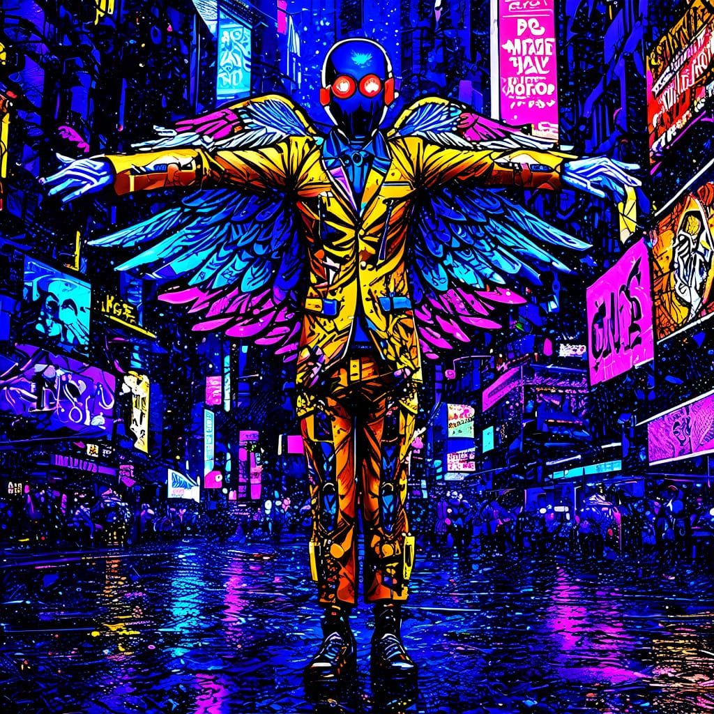 Cyberpunk Figure Hovers Over Apocalyptic Cityscape