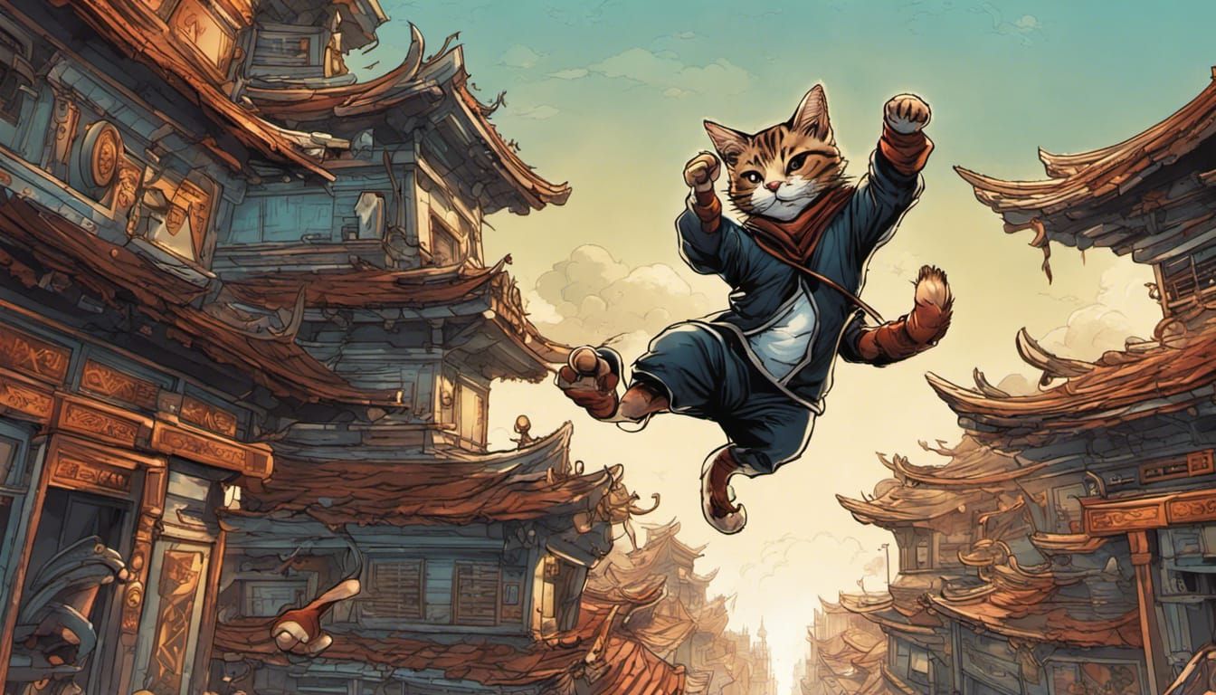 Kung Fu Kitten Leaps Through Asian Cityscape