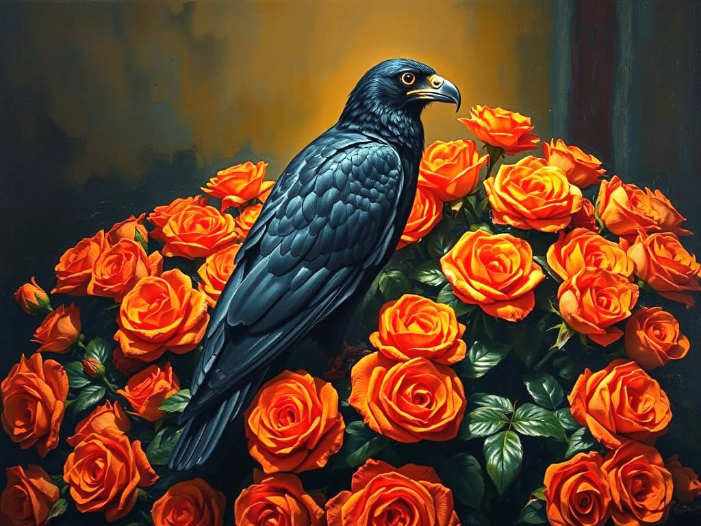 Black Hawk Perched on Orange Roses Impasto Painting