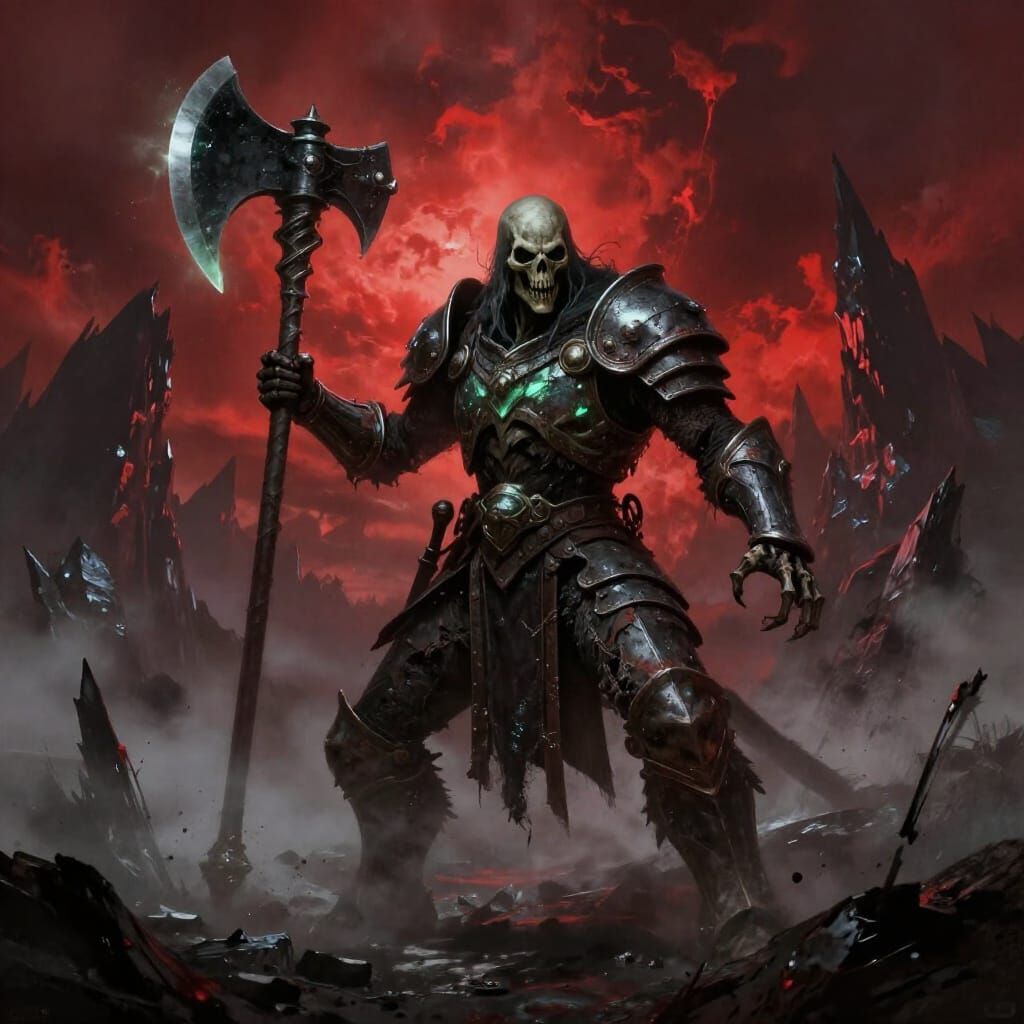 Skeletal Warrior with Glowing Axe on Desolate Battlefield