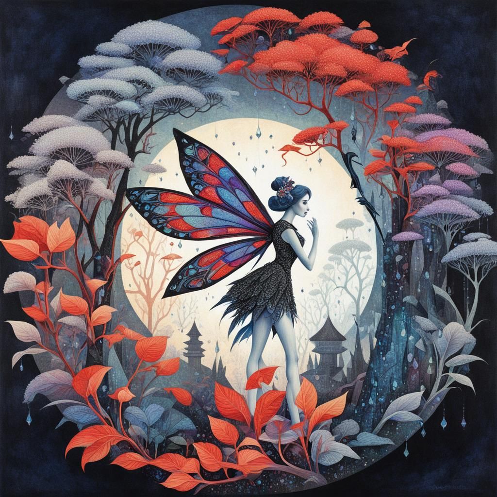 Fairy on Mushroom with Cubist-Gothic Woman, Iridescent Art