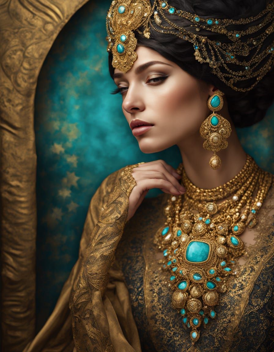 Regal Woman in Gold Veil, Art Nouveau Portrait
