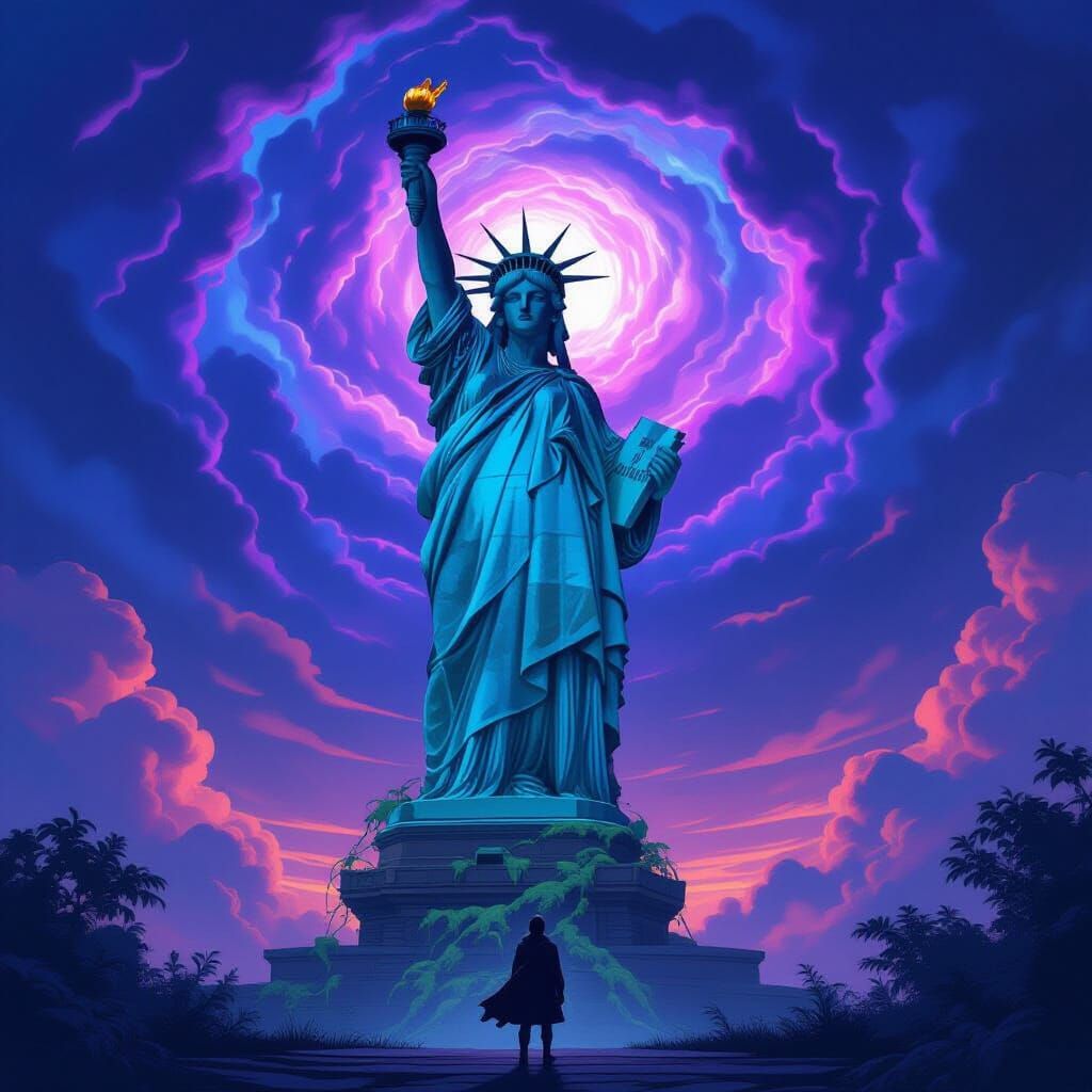 Ancient Statue of Liberty in Mystical Nebula Sky