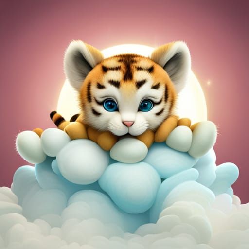 Cute Furry Baby Tiger Doll on Cloud in 3D