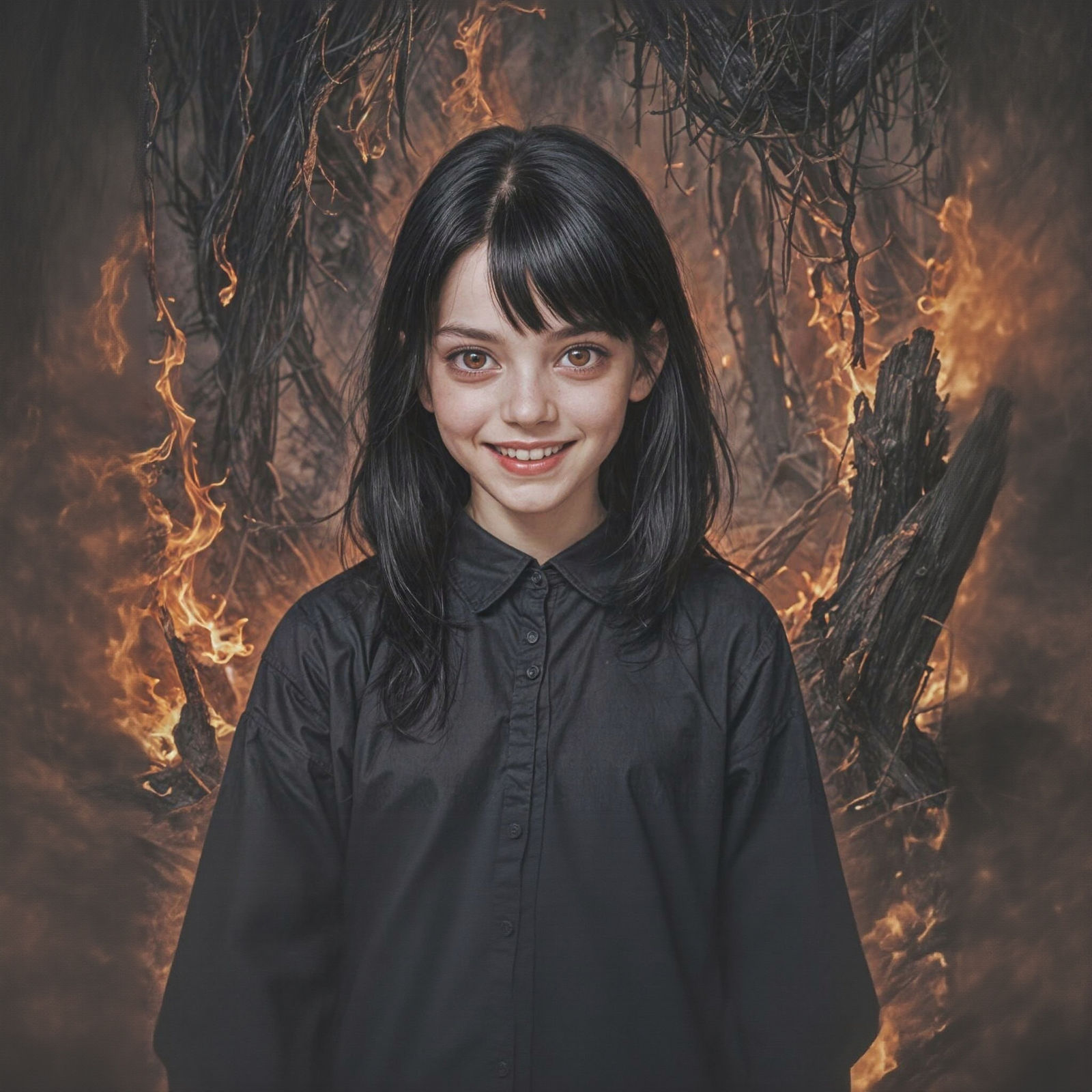 Eerie Portrait: Girl with Red Eyes in Hell