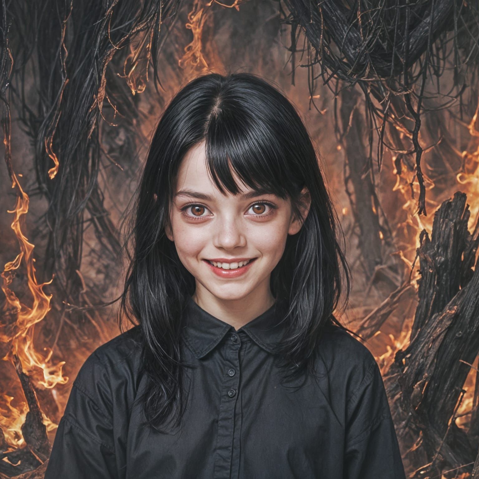 Eerie Portrait: Girl with Red Eyes in Hell