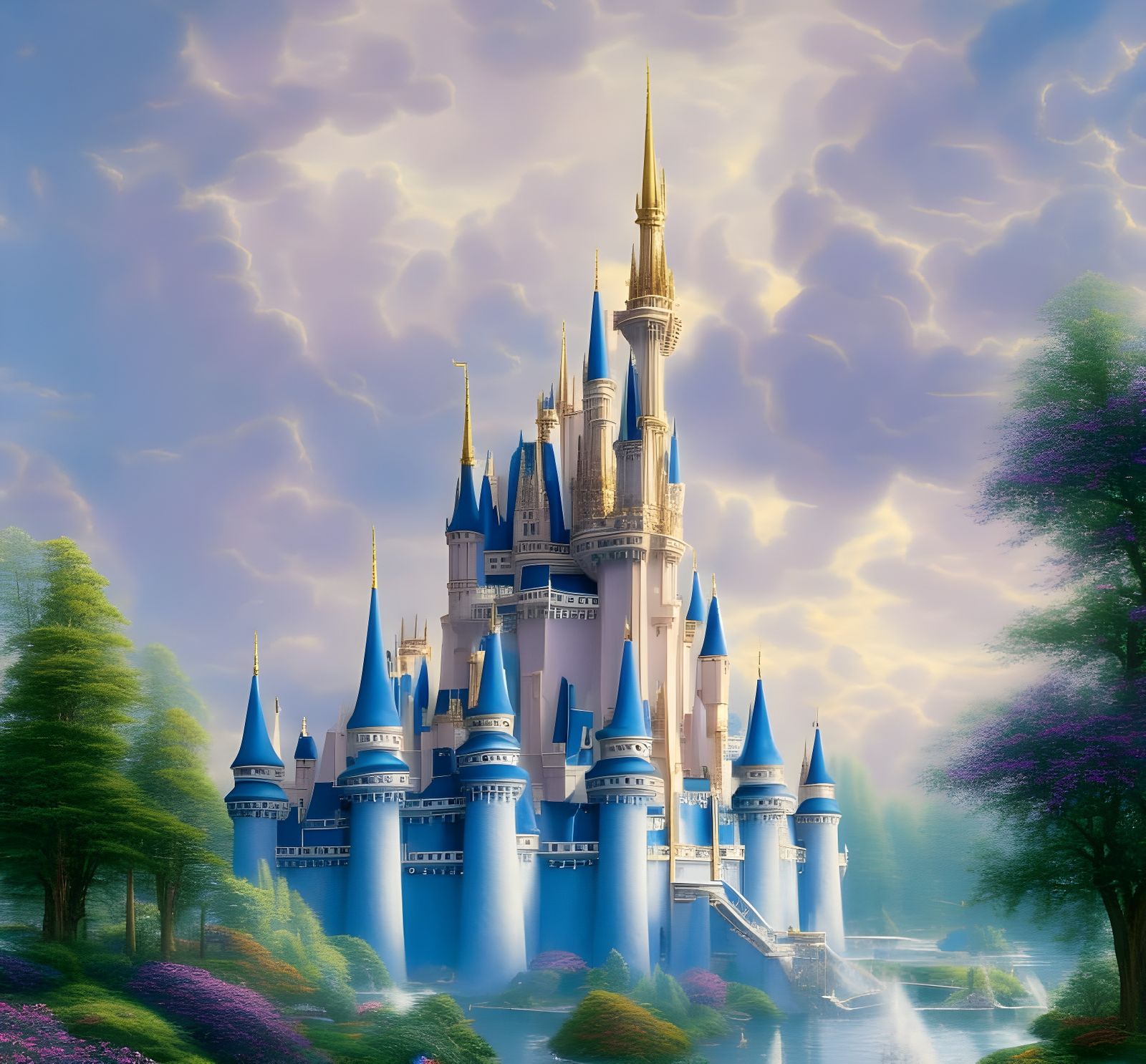 Disney's hyperdetailed Cinderella castle, shrubs and trees, along each side of the river, glorious blue sky, with white...