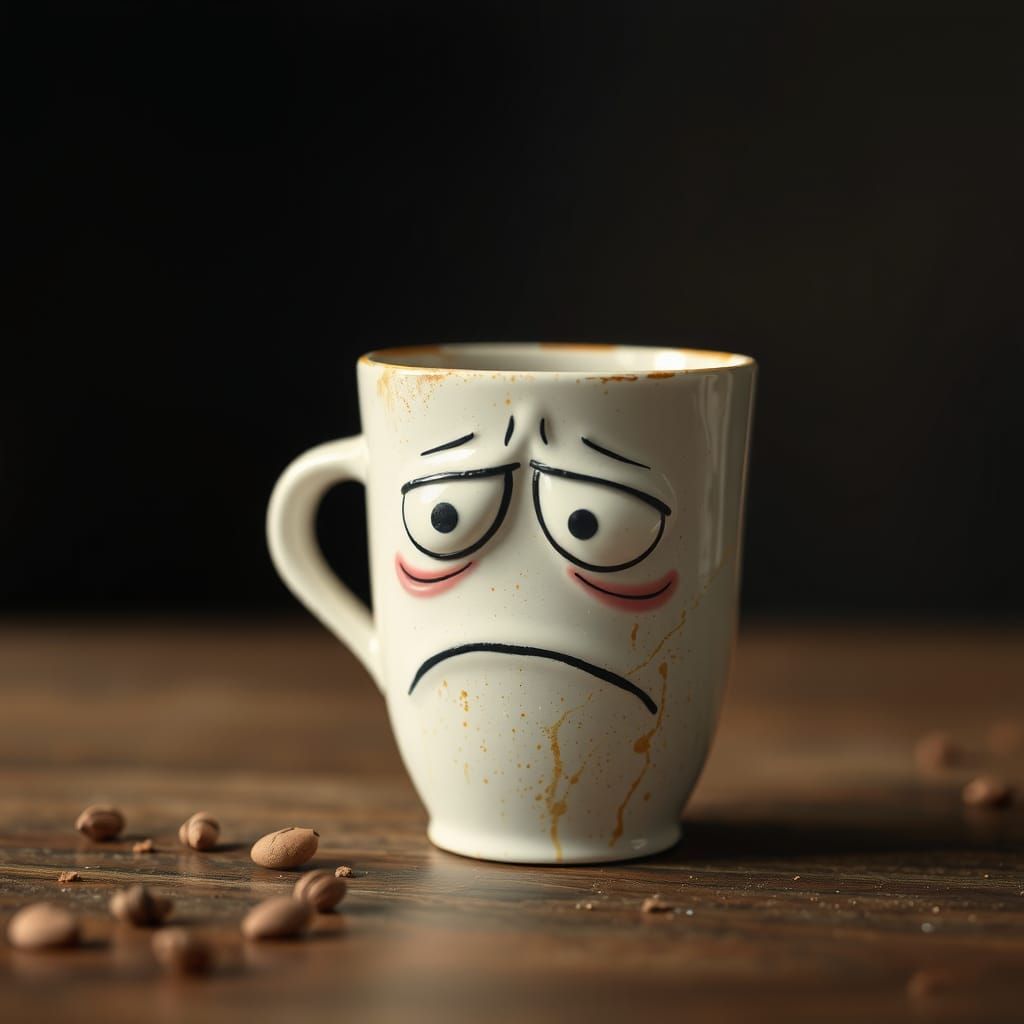 Sad Coffee Cup Character in Burton Film Style