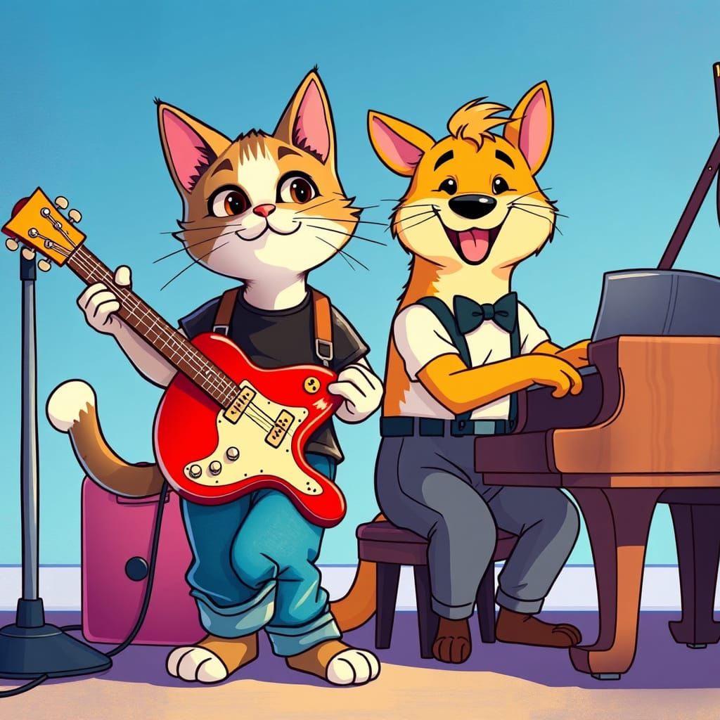 Anime Cat Guitarist and Dog Pianist Concert