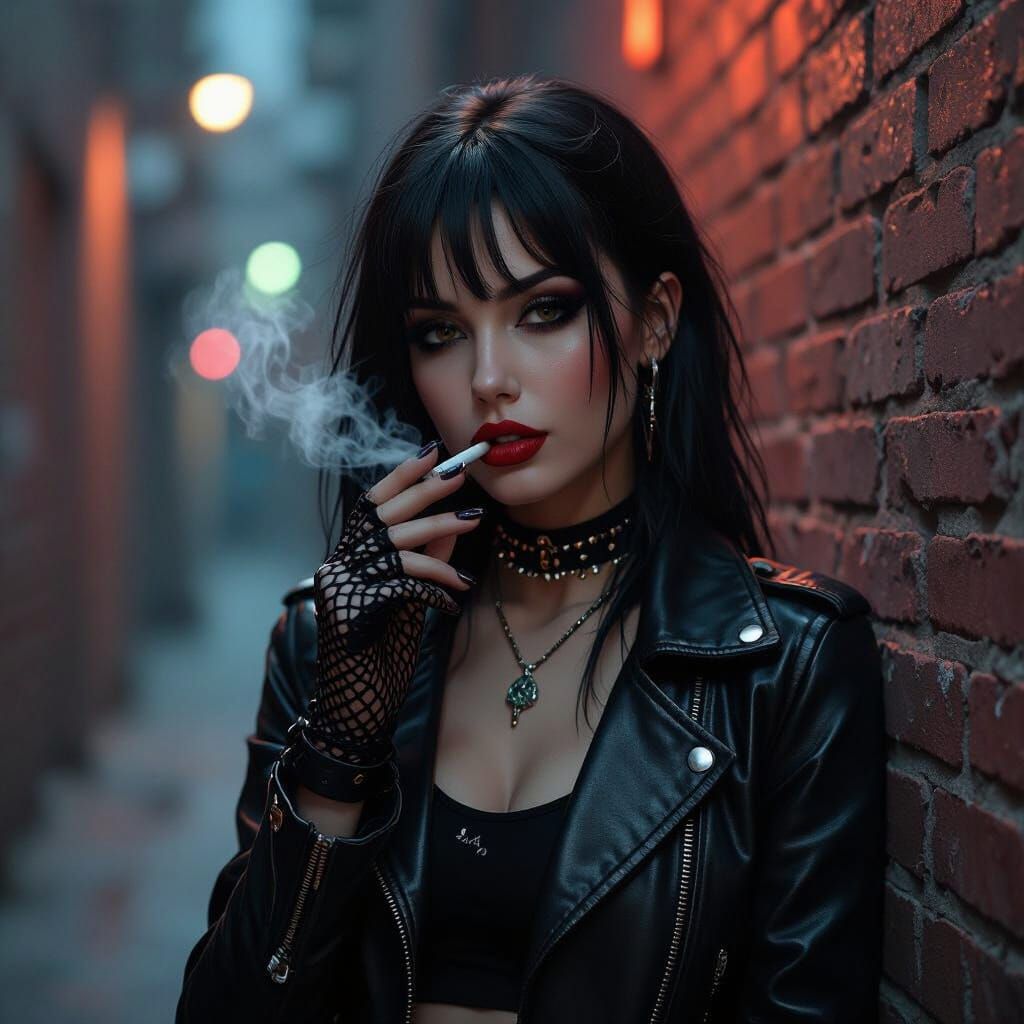 Goth Girl Smoking in Dim Alleyway, Bold Lines