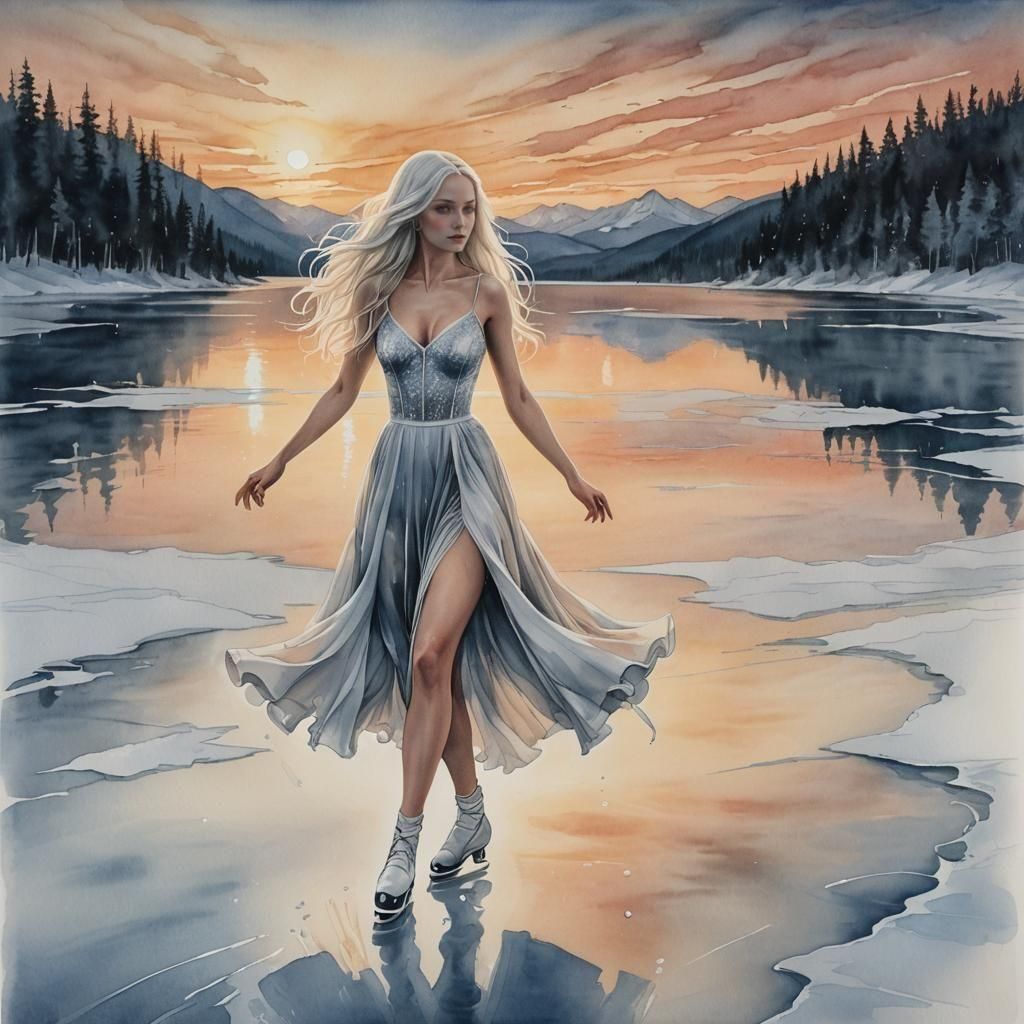 Girl Ice Skating at Sunset: Watercolour Charcoal Drawing
